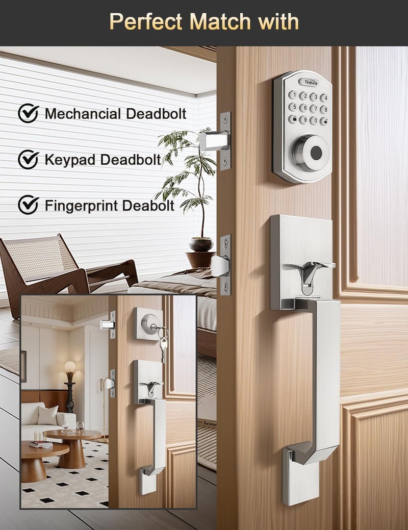 Tinewa Square Brushed Nickel Front Door Handle with Classic Door Lever, Upgrated Exterior Door Entry Handle No Lock, Reversible for Left & Right Handed - Image 4